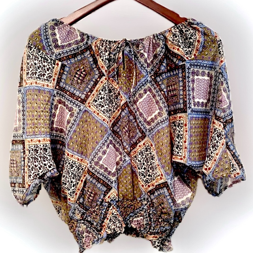 Boho Peasant Blouse with fitted waist, drawstring ties M
